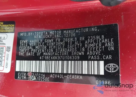 2007 Toyota Camry Se z USA, uszkodzony, nr VIN 4T1BE46K97U106309